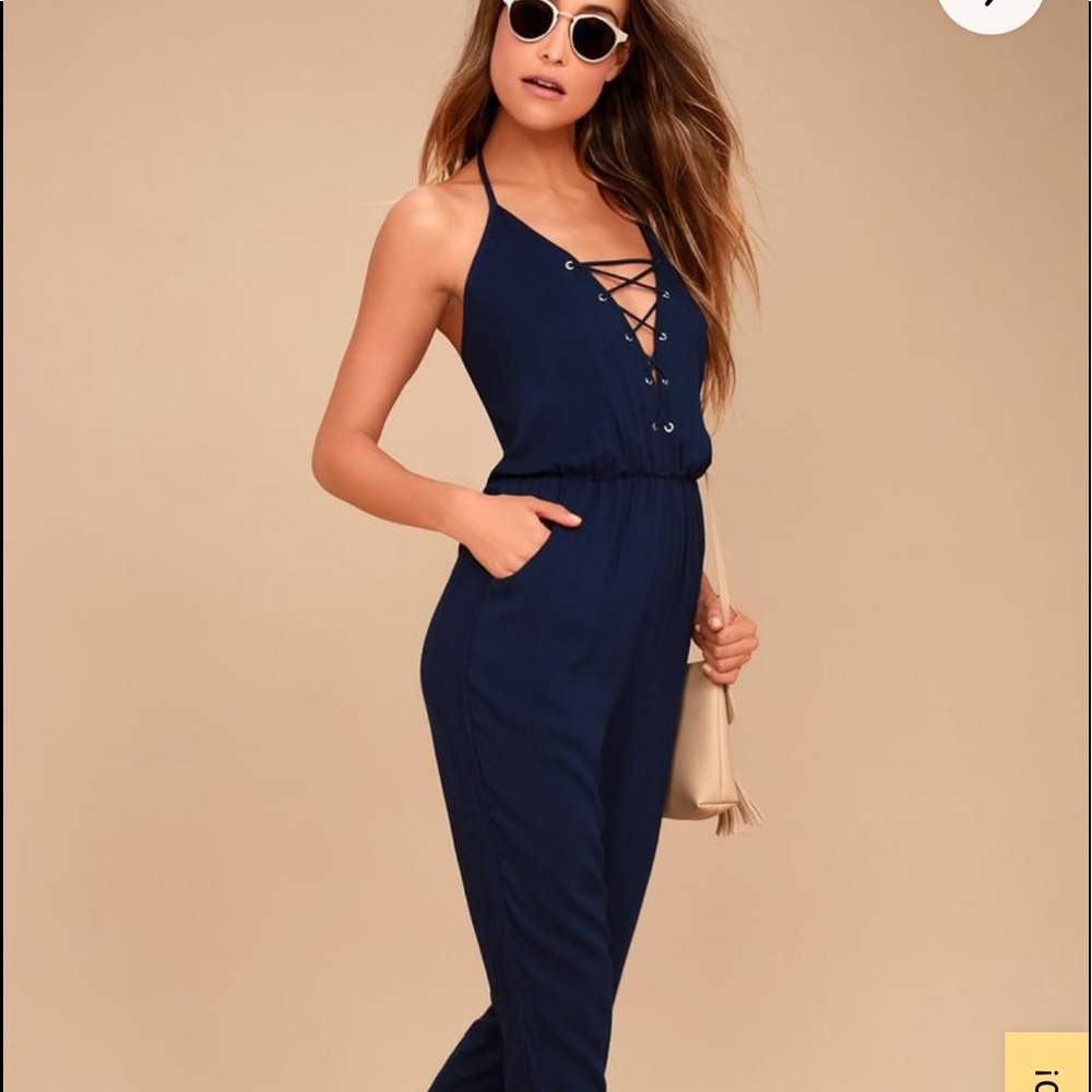 Lulus: Unpredictable navy blue lace up jumpsuit